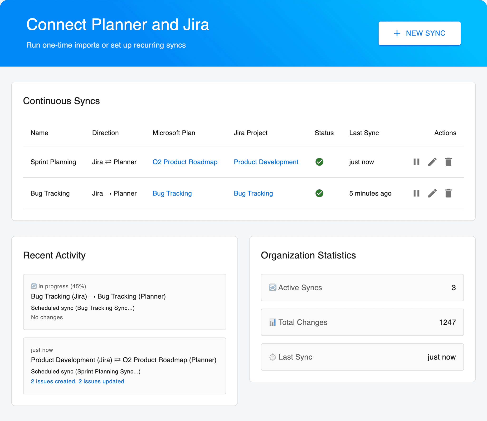 MS Planner to Jira Connector — sync dashboard
